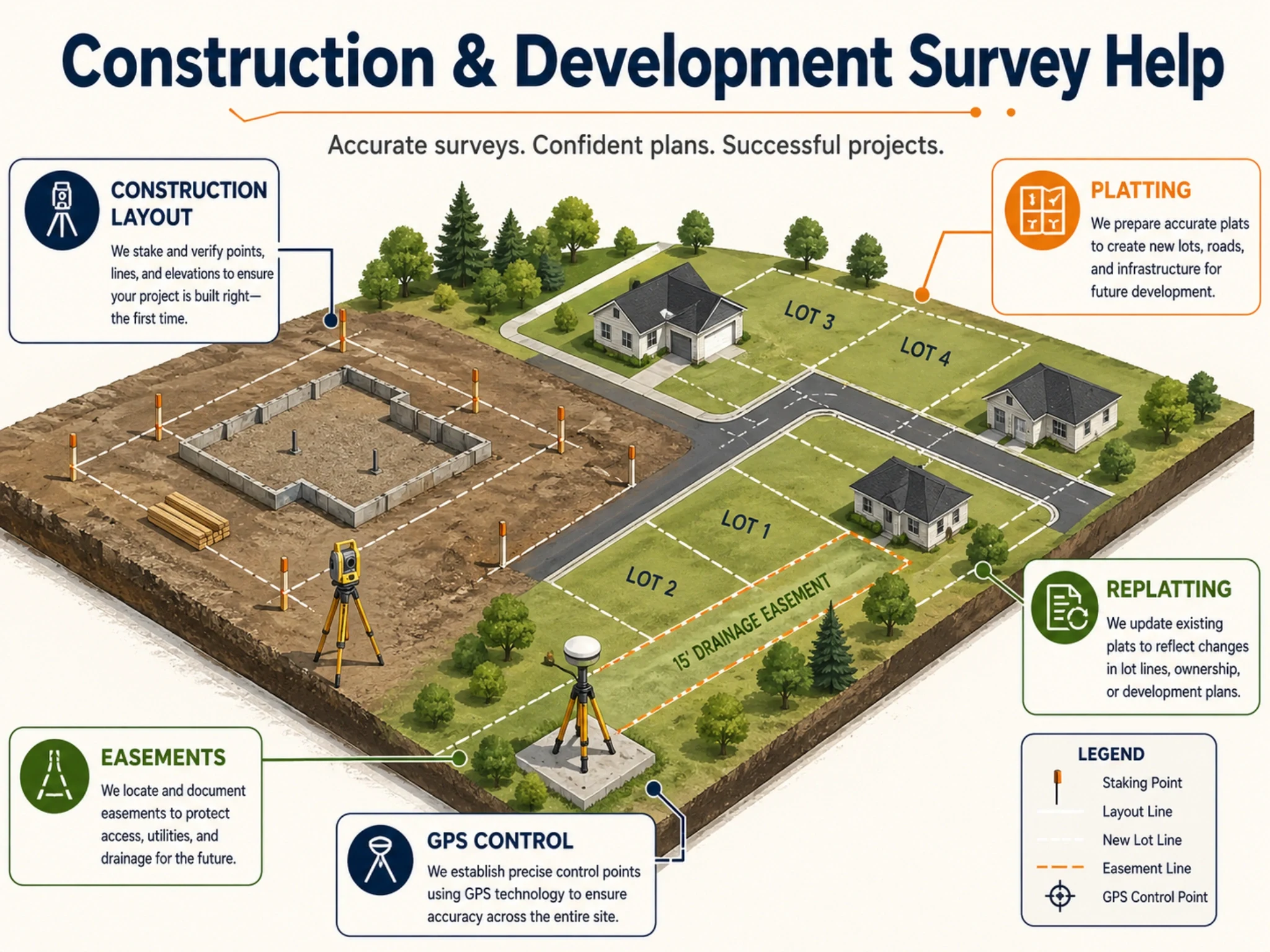Construction and development survey infographic showing layout, platting, replatting, easements, and GPS control