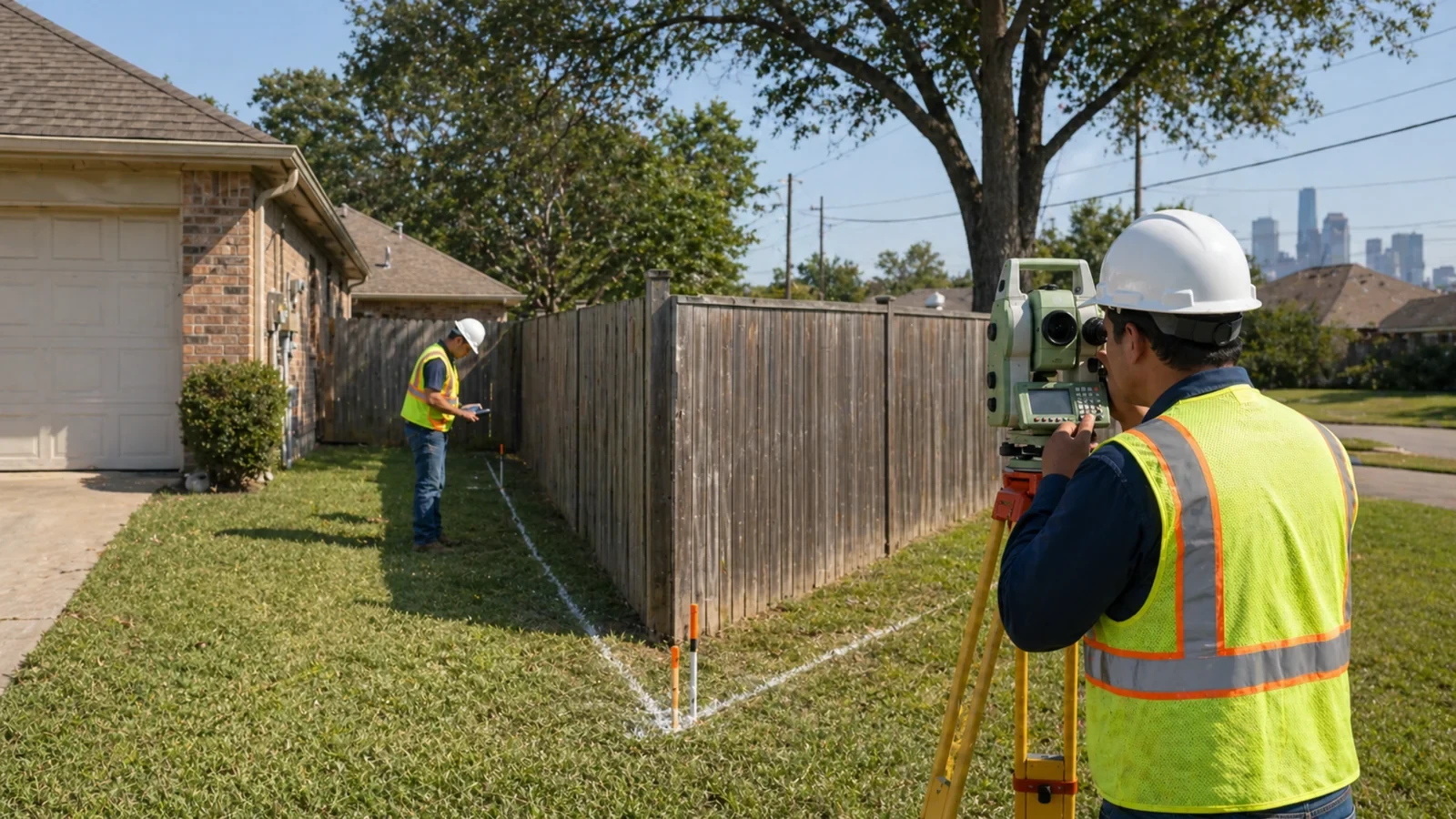 Surveyors checking a residential fence line with equipment