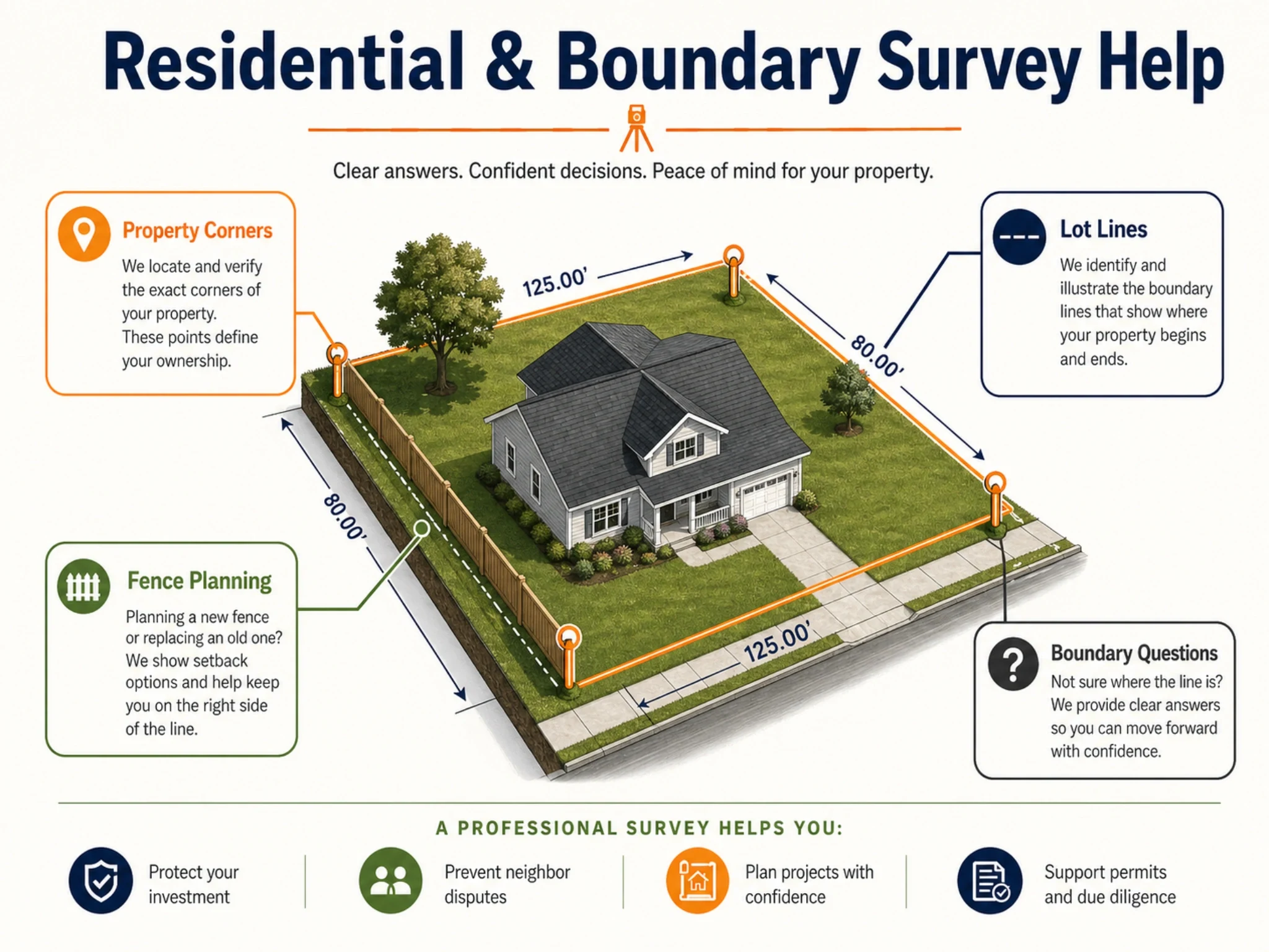 Residential and boundary survey infographic showing property corners, lot lines, fence planning, and boundary questions