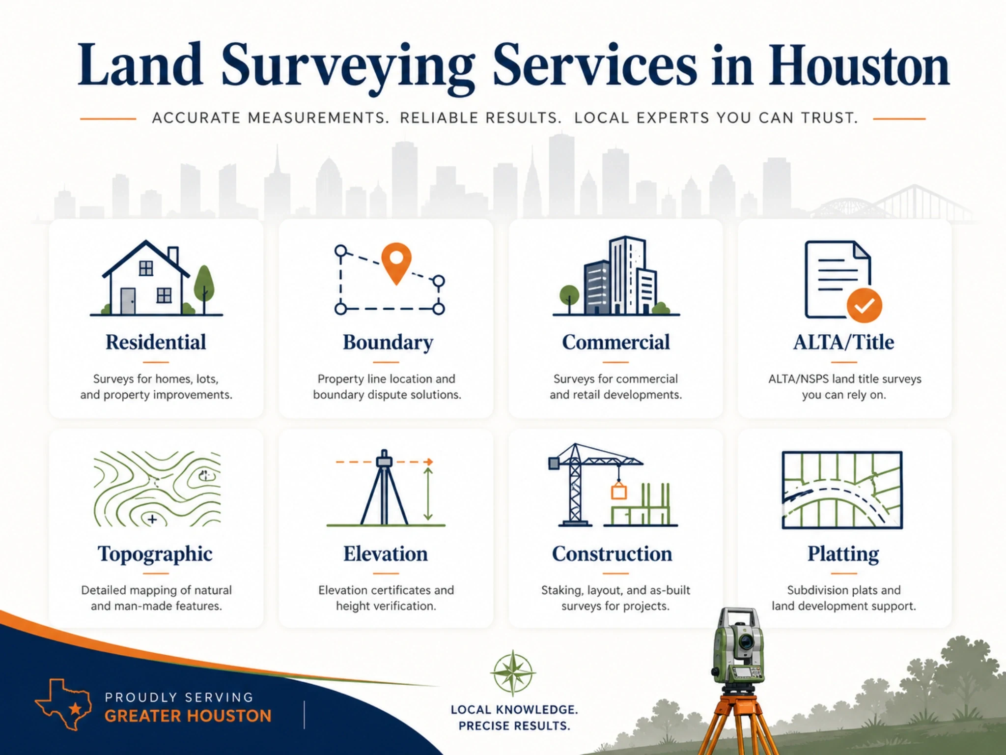 Land surveying services in Houston infographic with residential, boundary, commercial, ALTA, topographic, elevation, construction, and platting categories