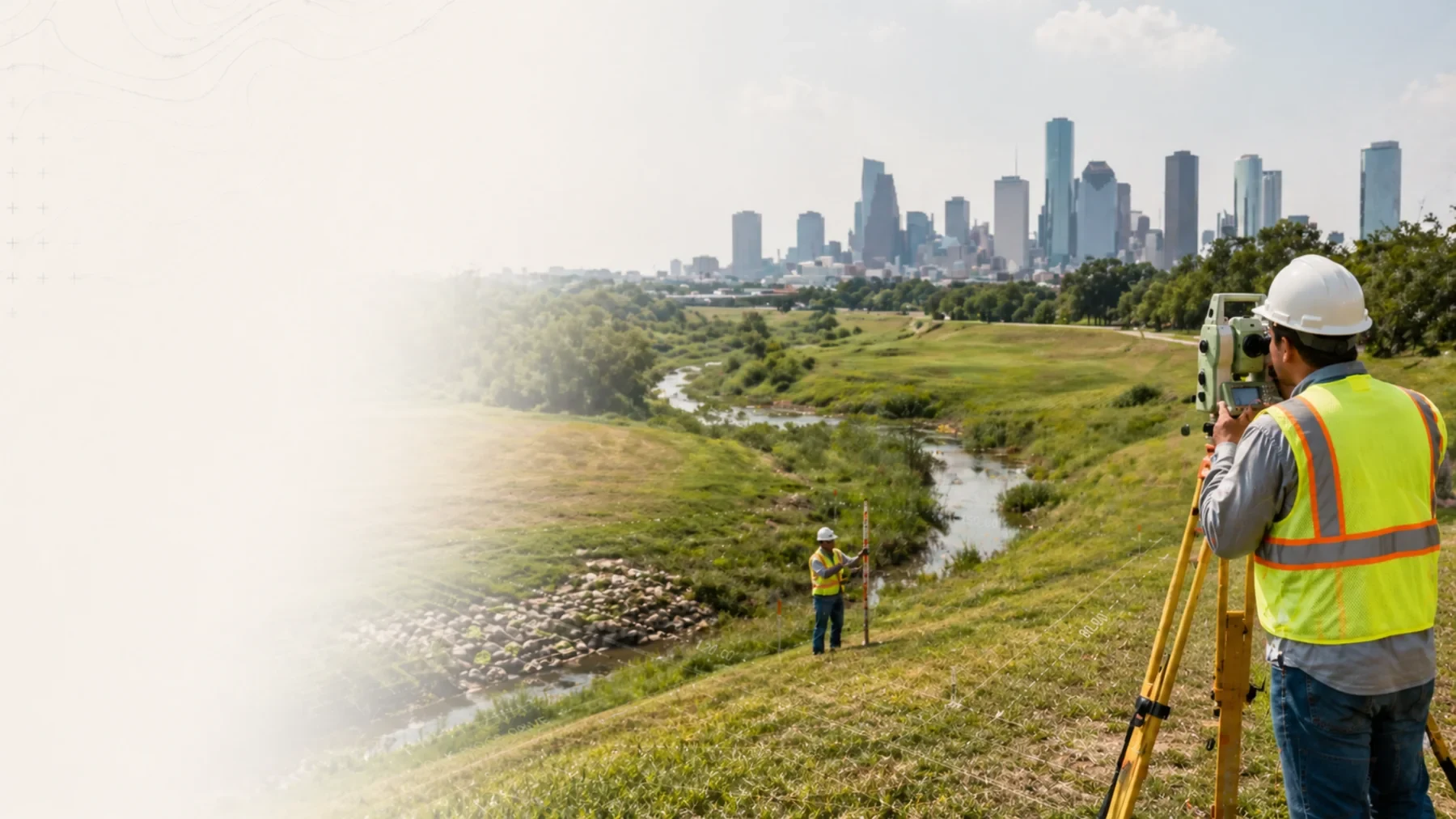 Houston survey crew collecting elevation data near a drainage channel Houston survey crew collecting elevation data near a drainage channel